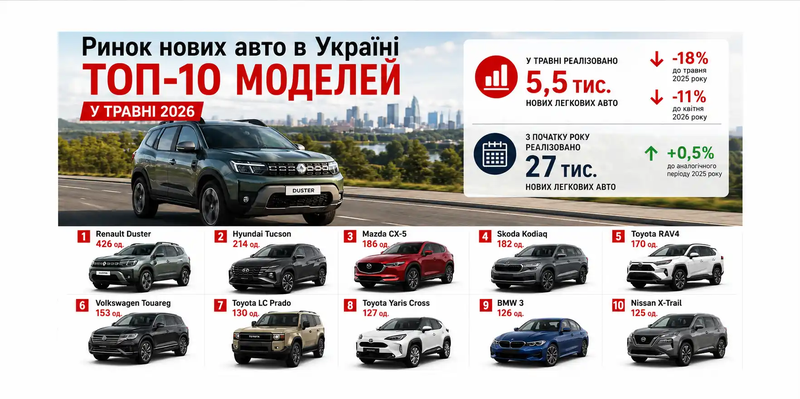 Травень 2026: ринок нових авто в Україні просів — і ось хто вижив у ТОП-10